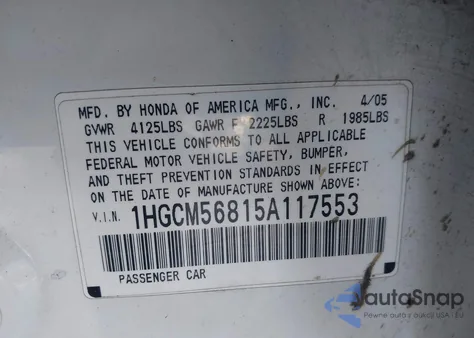 2005 Honda Accord 2.4 Ex из США, поврежденный, VIN 1HGCM56815A117553